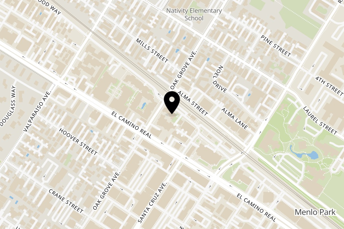 Map showing the location of Farmhouse Kitchen Thai Menlo Park on 1165 Merrill St in Menlo Park