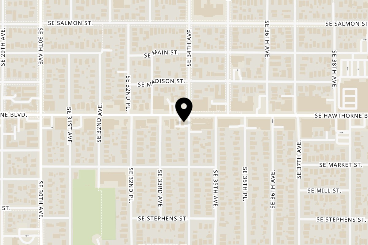 Map showing the location of Farmhouse Kitchen Thai Portland on 3354 SE Hawthorne Blvd in Portland